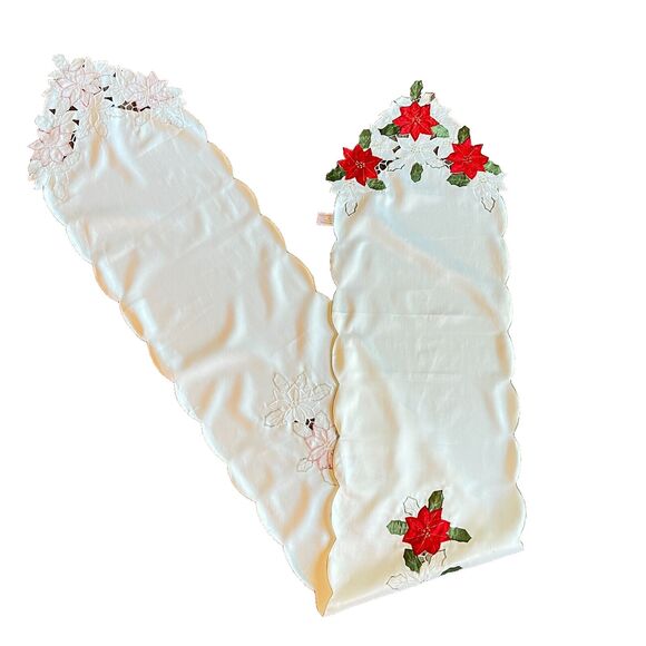 VTG Polysatin Christmas Table Runner Long Red Poinsettas Gold trim 13.5 x 88in - Picture 10 of 12